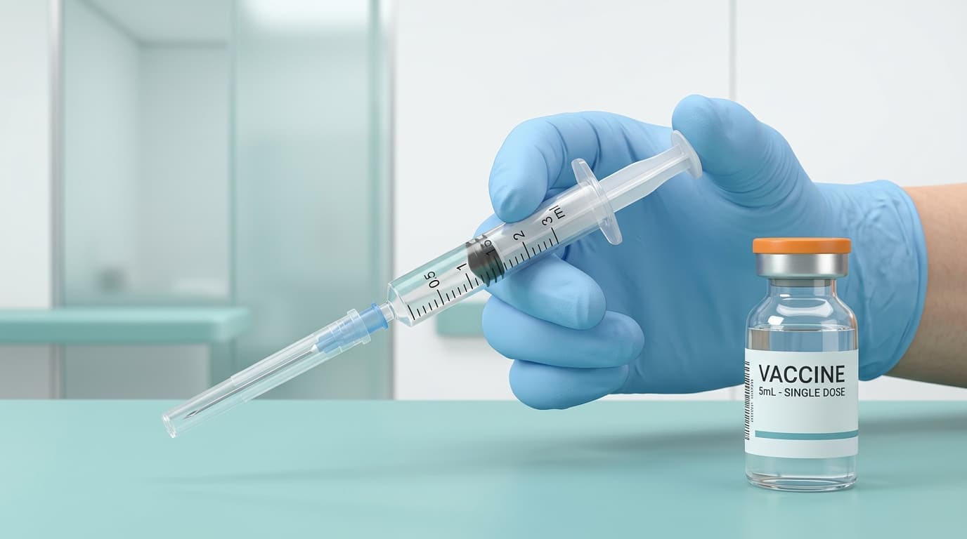 Sterile medical injection syringe and vaccine vial in a hospital pharmacy environment