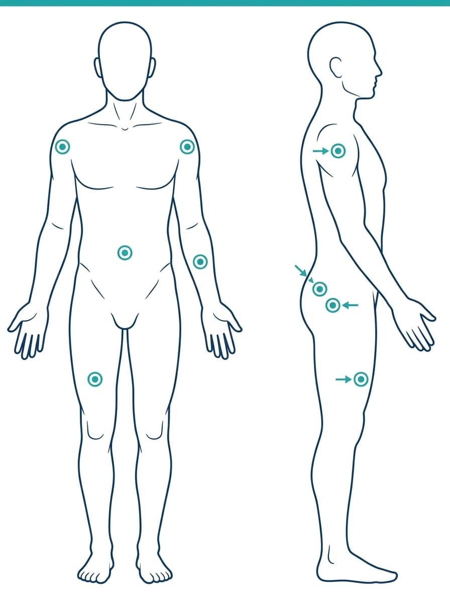 Educational anatomical illustration indicating standard clinical injection zones on the human body including upper arm deltoid, abdomen, thigh vastus lateralis, and ventrogluteal hip
