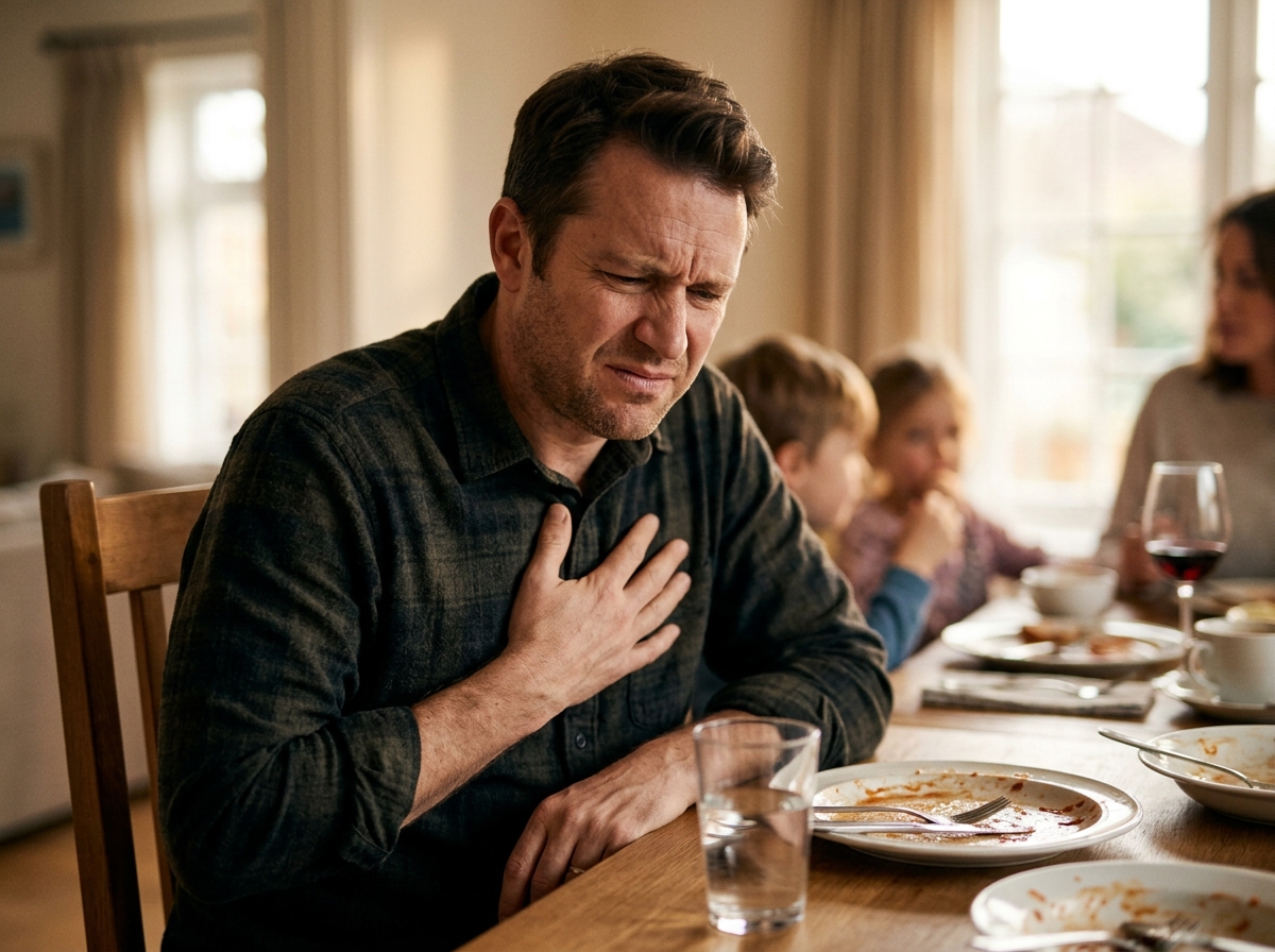 Adult at dining table clutching sternum in pain from severe gastroesophageal acid reflux and heartburn
