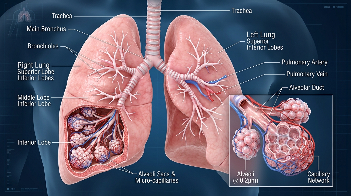Human respiratory lungs with bronchial tree and alveoli sacs