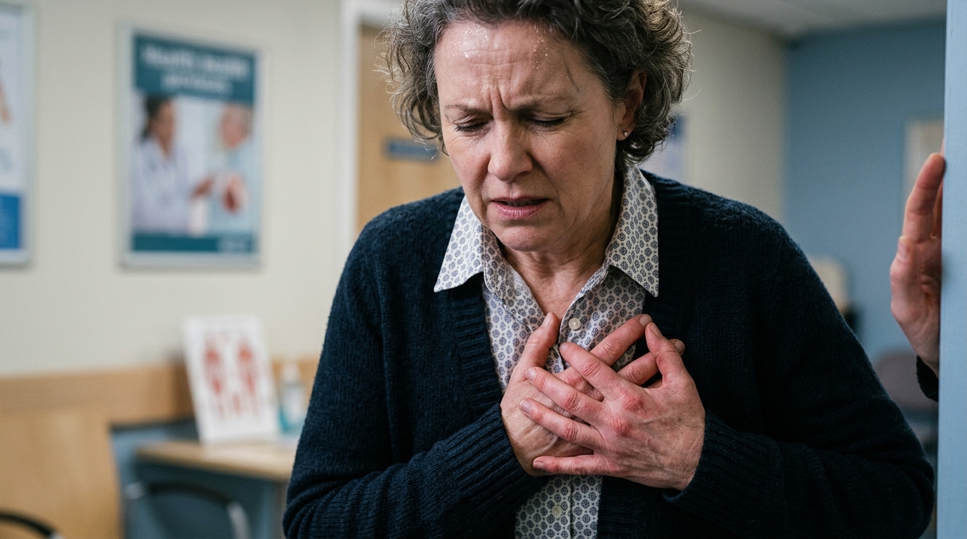 Adult holding hand over chest experiencing sudden acute chest pain