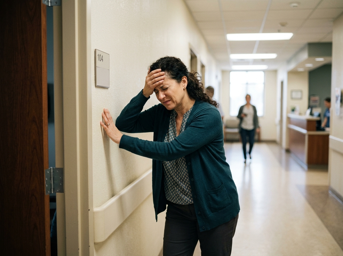 Adult bracing against a hallway wall with hand to forehead during acute vestibular vertigo and dizziness