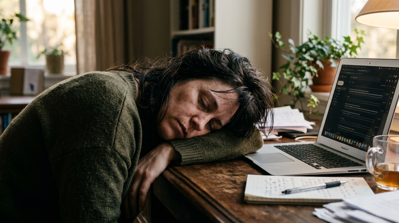 Exhausted adult fallen asleep at desk next to laptop suffering from chronic fatigue syndrome and weakness