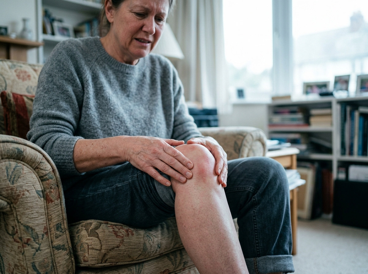 Adult massaging inflamed aching knee joint with arthritic stiffness and pain
