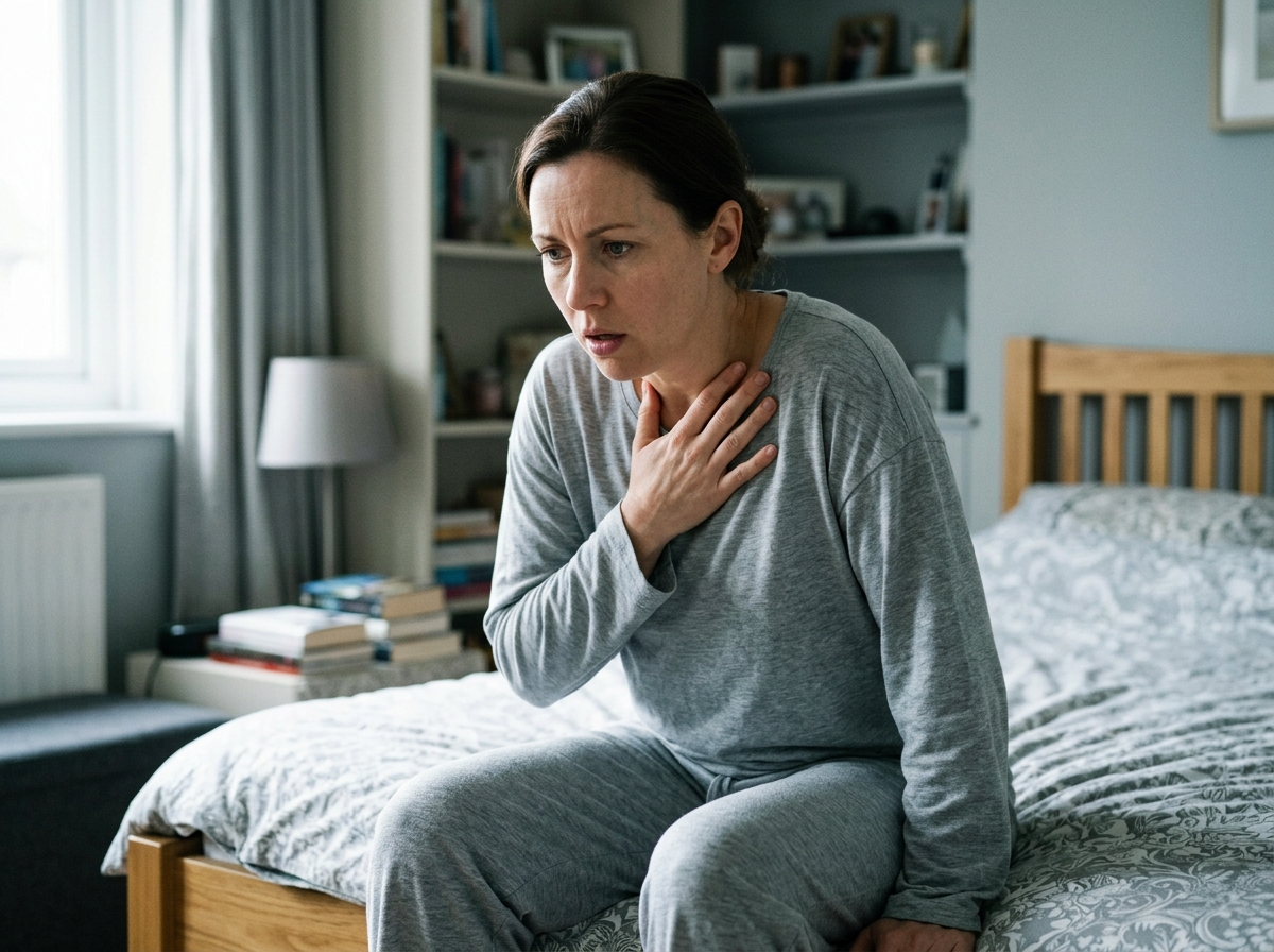 Adult sitting up in distress holding neck and chest struggling to breathe with shortness of breath