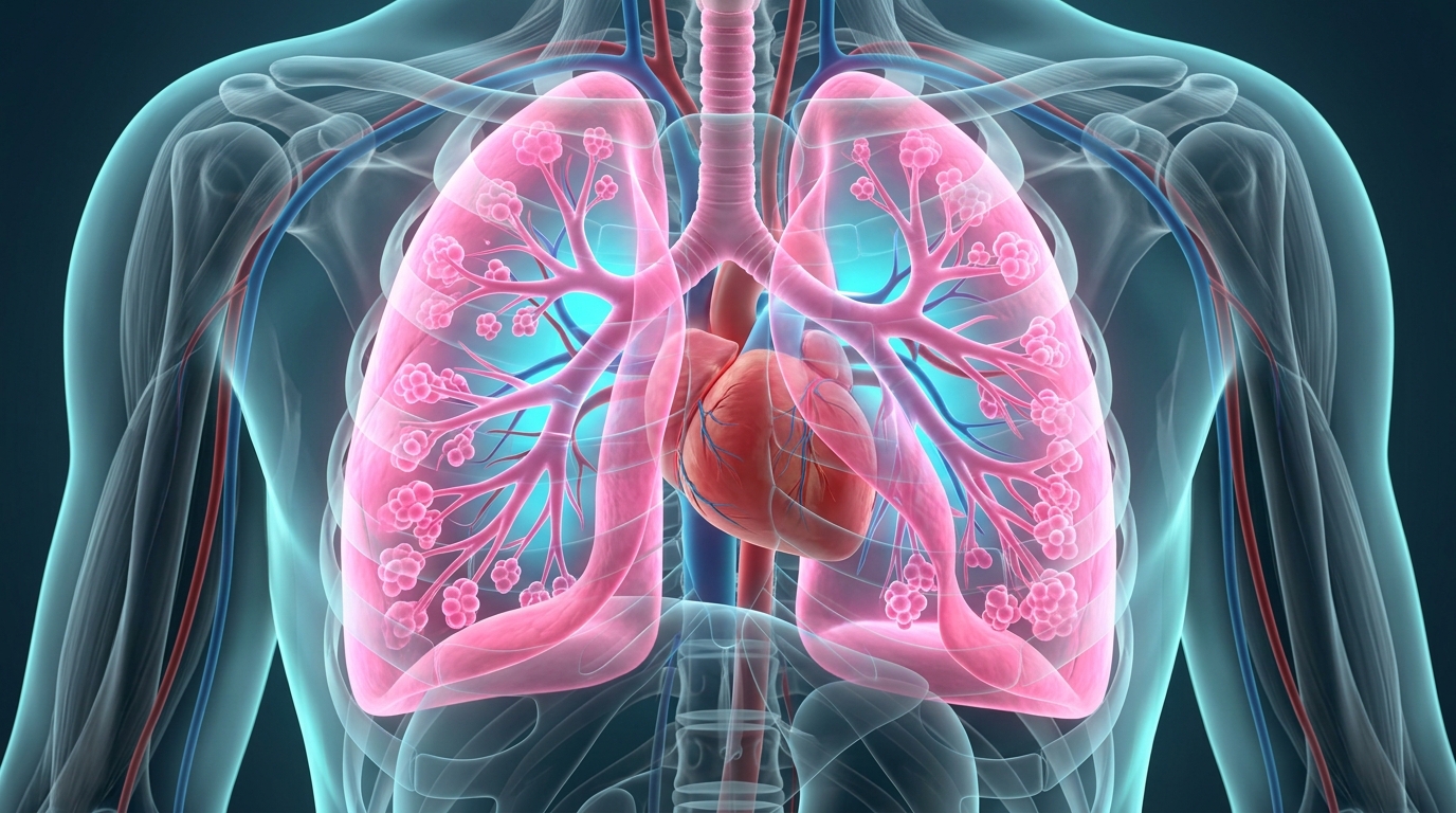 Photorealistic 3D clinical medical illustration of healthy human lungs glowing pink with clean oxygen and bronchial tree